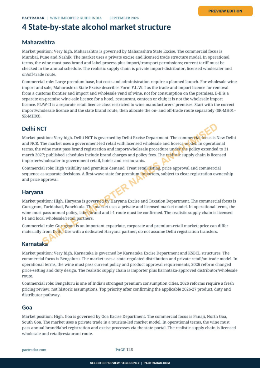 State-by-state market structure page from the India Wine Importer Guide sample