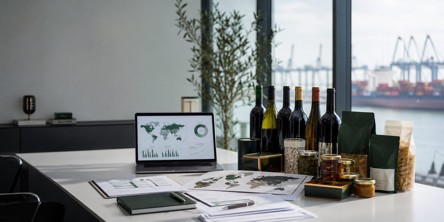 Export research desk with Food and Beverage market intelligence materials